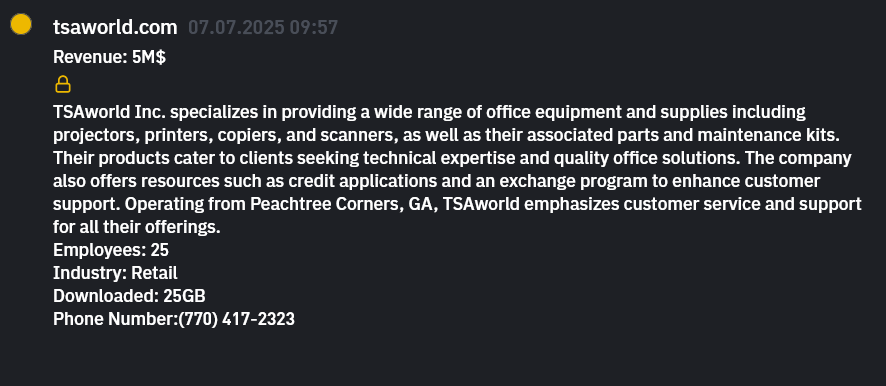 TSAworld成为INC RANSOM勒索软件的受害者