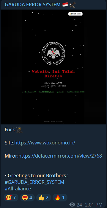 GARUDA ERROR SYSTEM瞄准Woxonomo网站