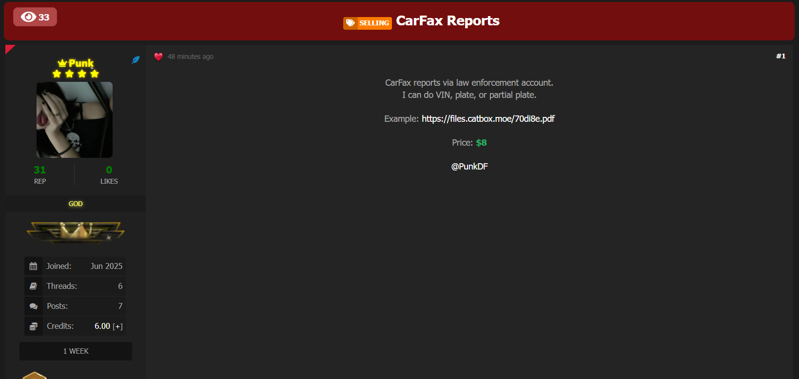 涉嫌出售未经授权的CarFax报告访问权限