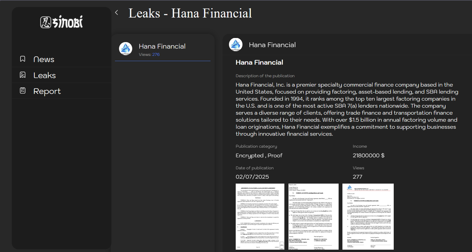 Hana金融、Inc.将vicitm归咎于Sinobi勒索软件