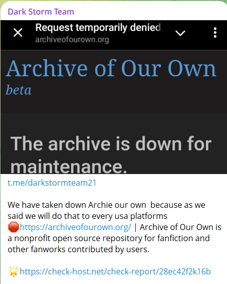 Dark Storm Team瞄准了我们自己的档案网站(AO3)