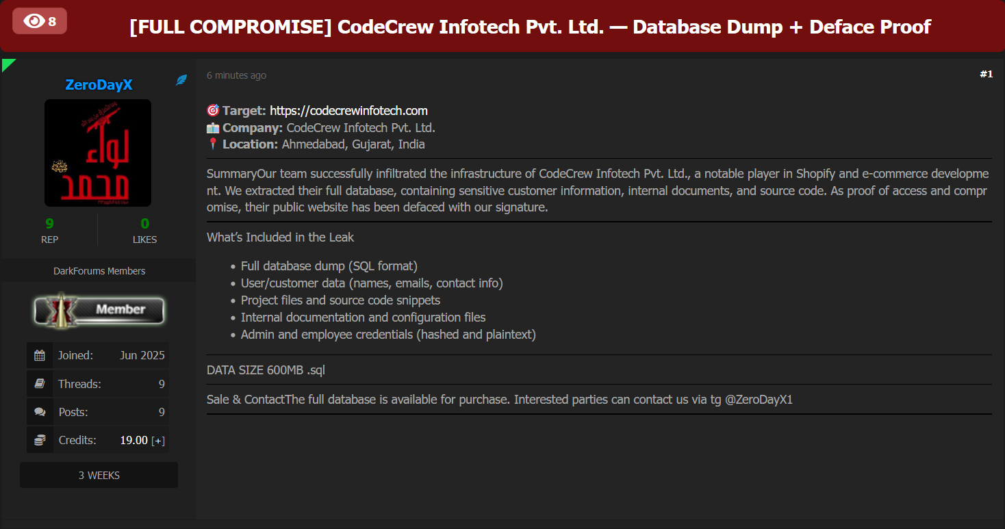 Codecrew Infotech Pvt.Ltd.涉嫌数据销售。