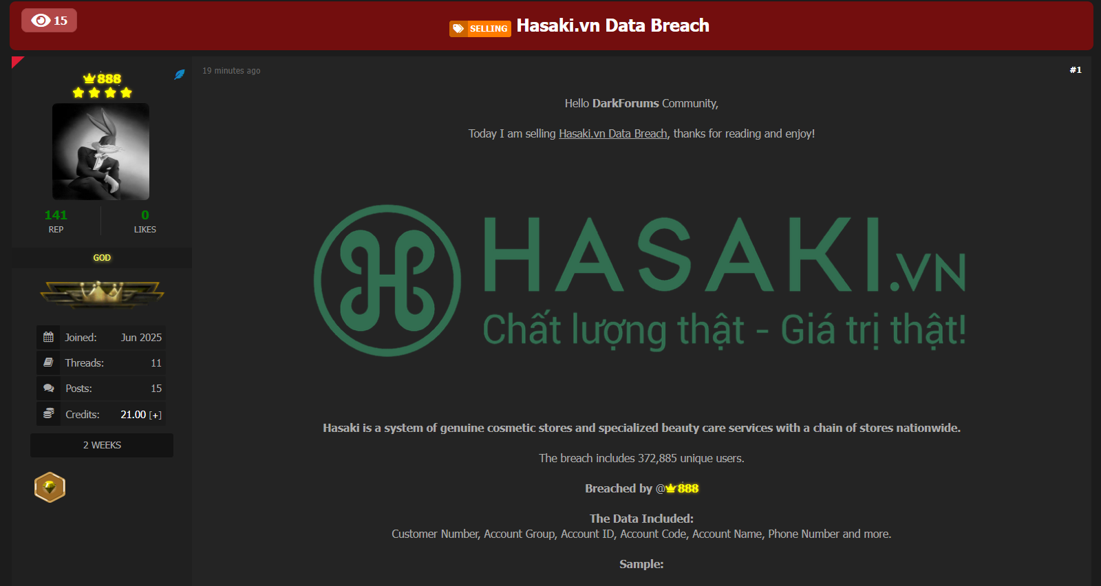 涉嫌出售Hasaki.vn数据