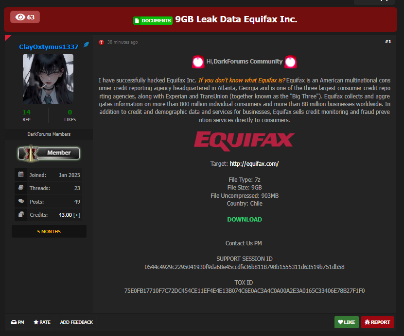 Equifax涉嫌数据外泄