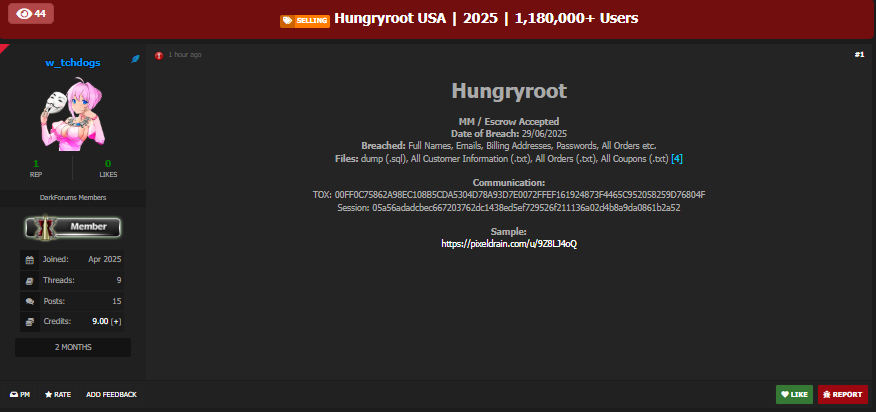 涉嫌出售Hungryroot的数据