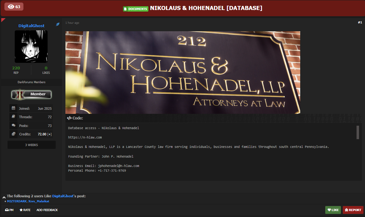 Nikolaus&Hohenadel，LLP涉嫌数据泄露
