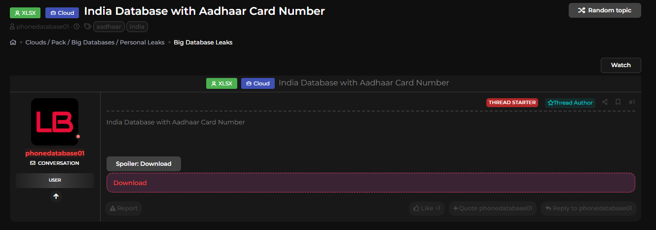 印度Aadhaar数据库涉嫌泄露
