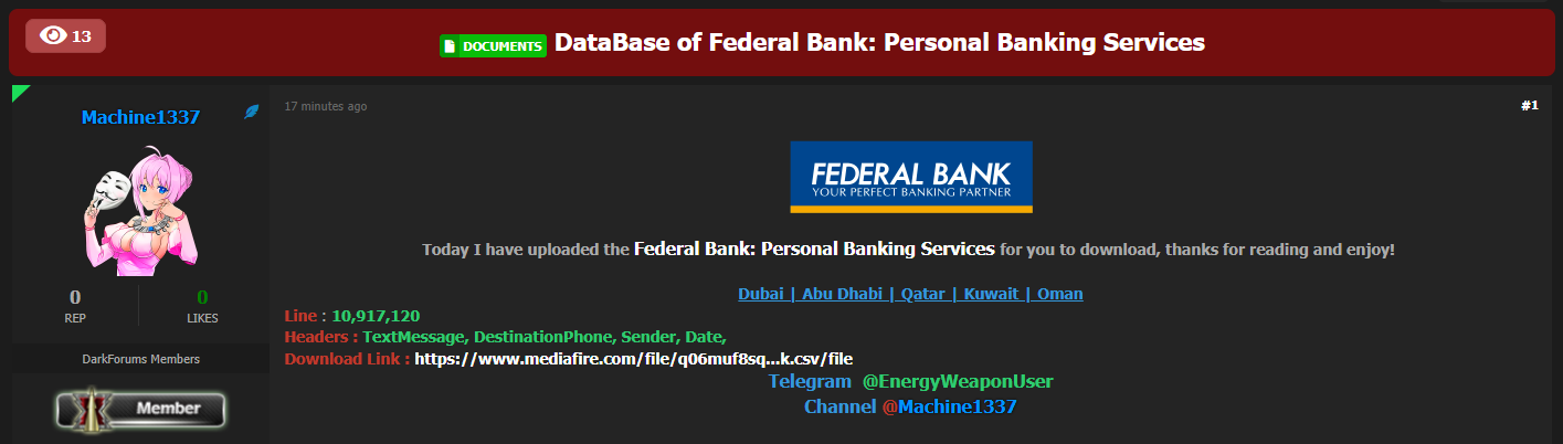 涉嫌数据泄露Federal银行个人银行服务