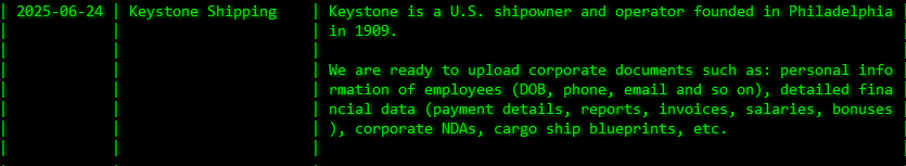 Keystone Shipping Co成为akira勒索软件的受害者