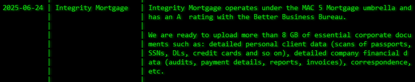 Integrity Mortgage&Financial Inc成为akira勒索软件的受害者