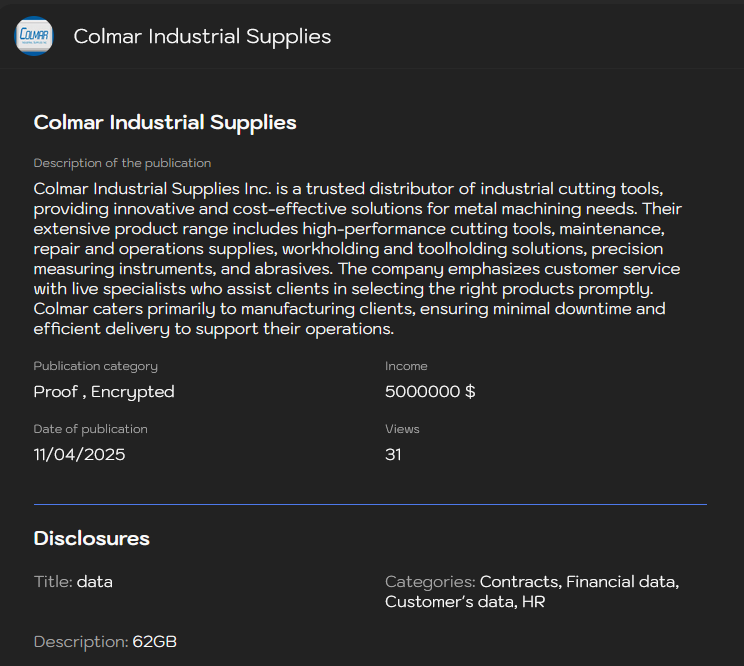 Colmar Industrial Supplies和Inc.成为LYNX勒索软件的受害者