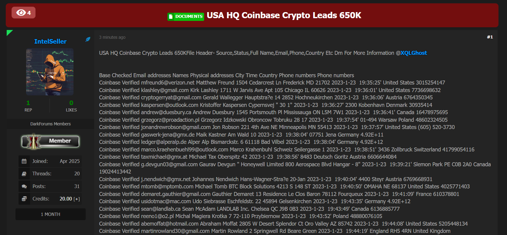 涉嫌出售Coinbase加密线索数据库