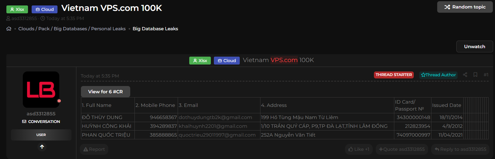 涉嫌从Vietnam VPS.com泄露10万条user记录