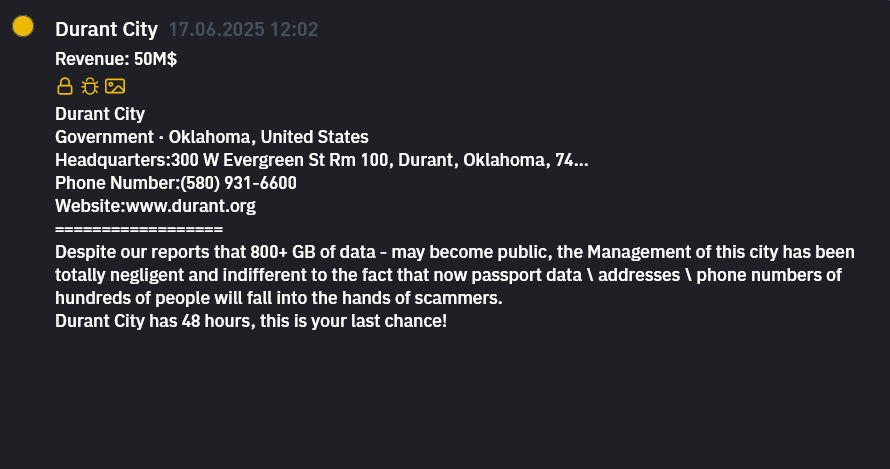 杜兰特城成为INC RANSOM勒索软件的受害者