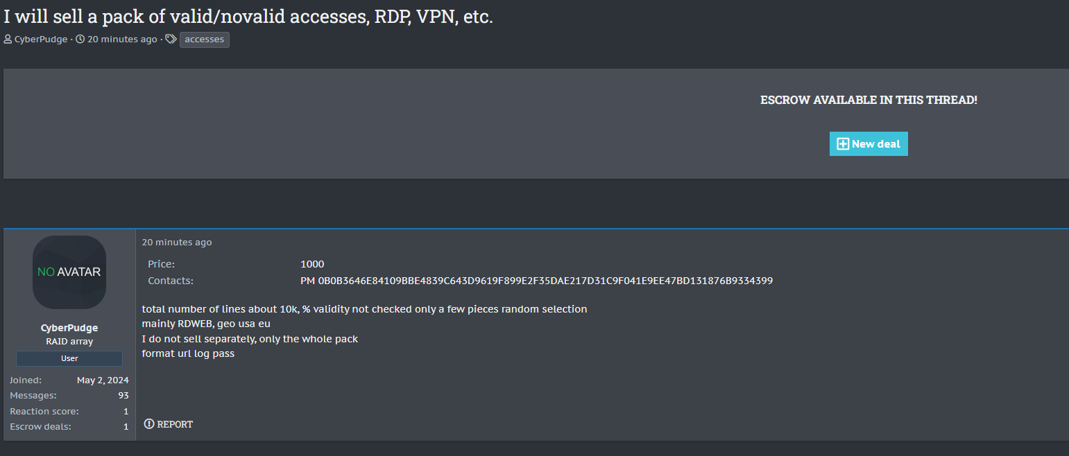 据称向美国和欧盟销售RDP/VPN接入包