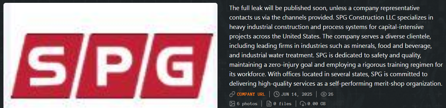SPG Construction，LLC成为Qilin勒索软件的受害者