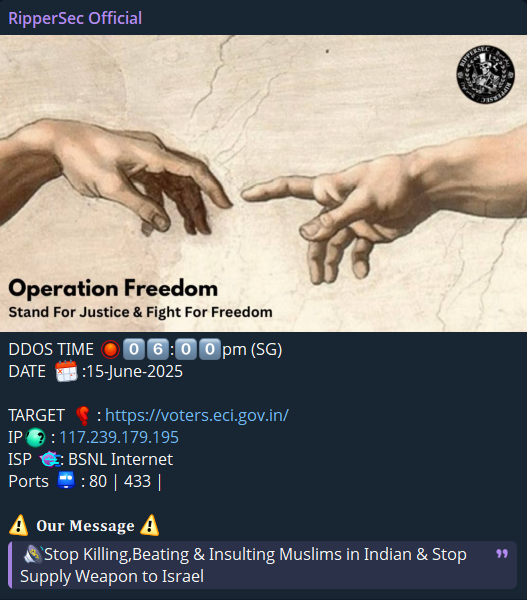 RipperSec针对印选举委员会选民门户网站网站