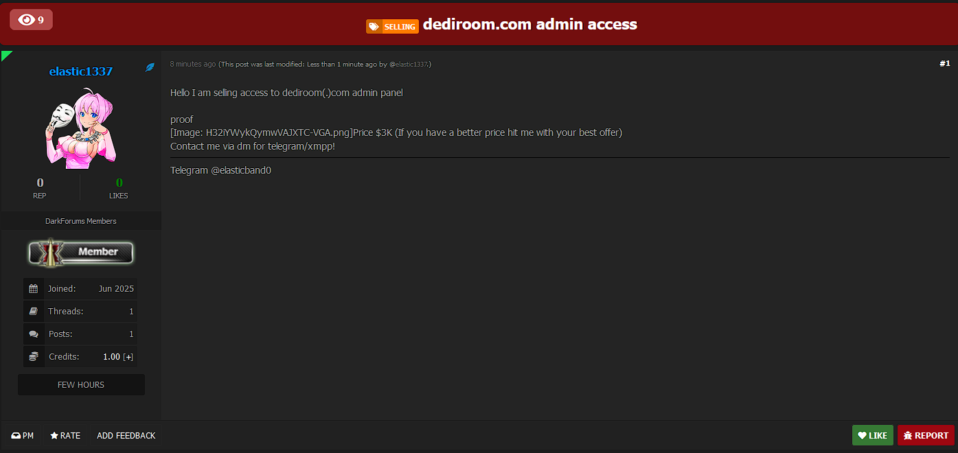 据称admin access出售Dediroom LLC