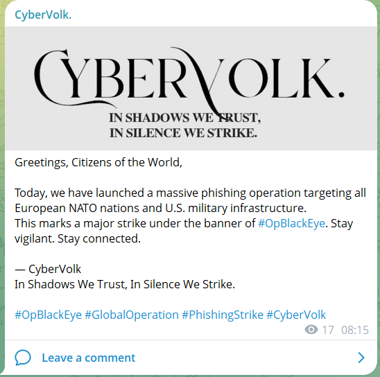 CyberVolk.团体。声称针对欧洲北约国家和美国军事基础设施。