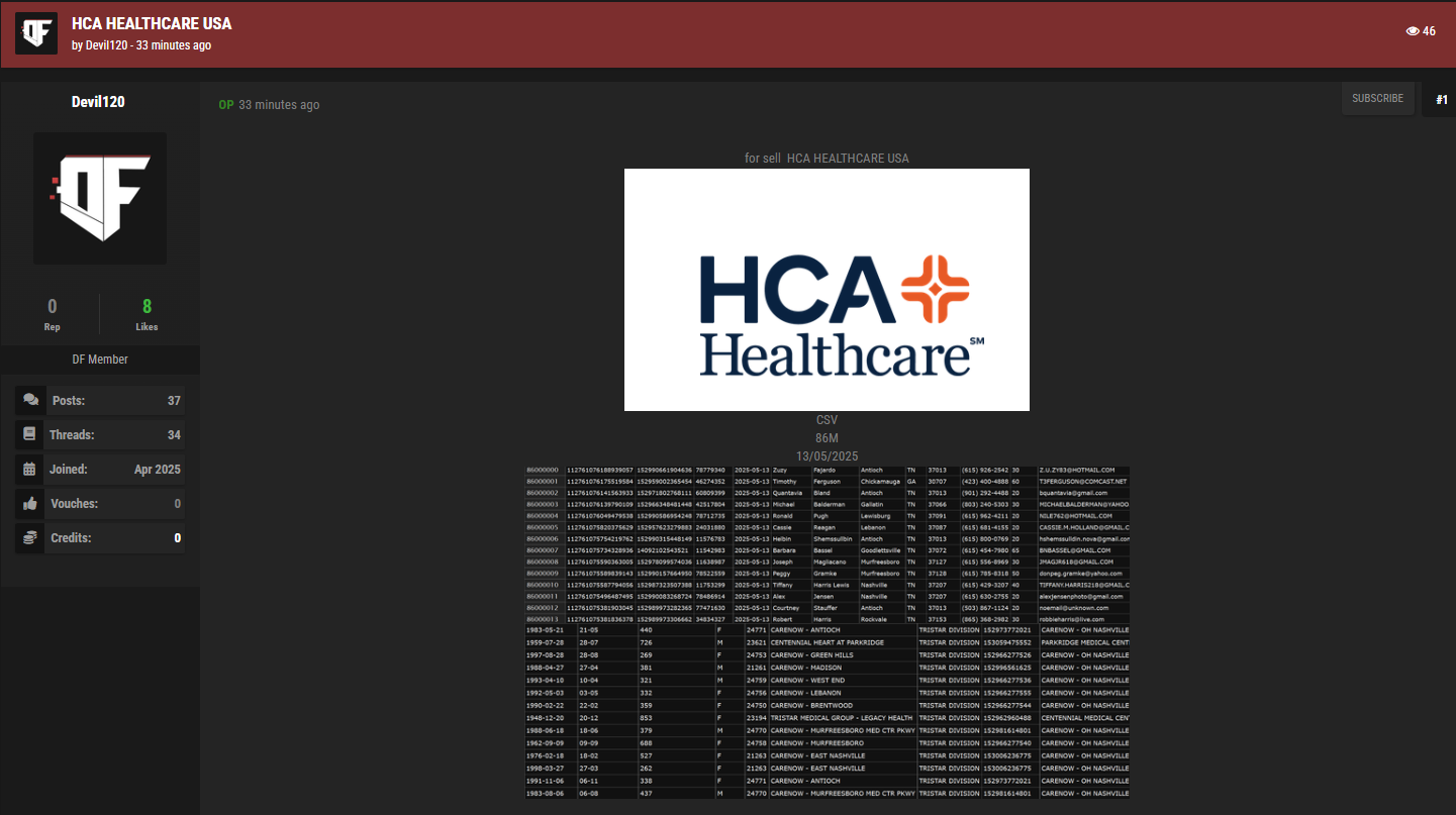 涉嫌出售HCA Healthcare的数据