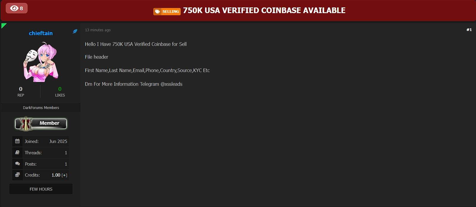涉嫌从美国出售75万Coinbase数据