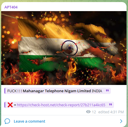 APT404针对Mahanagar Telephone Nigam Limited网站