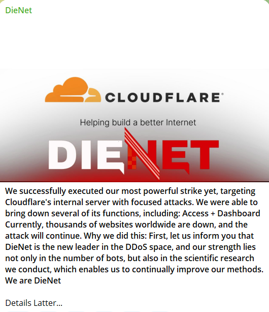 DieNet声称瞄准Cloudflare内部servers