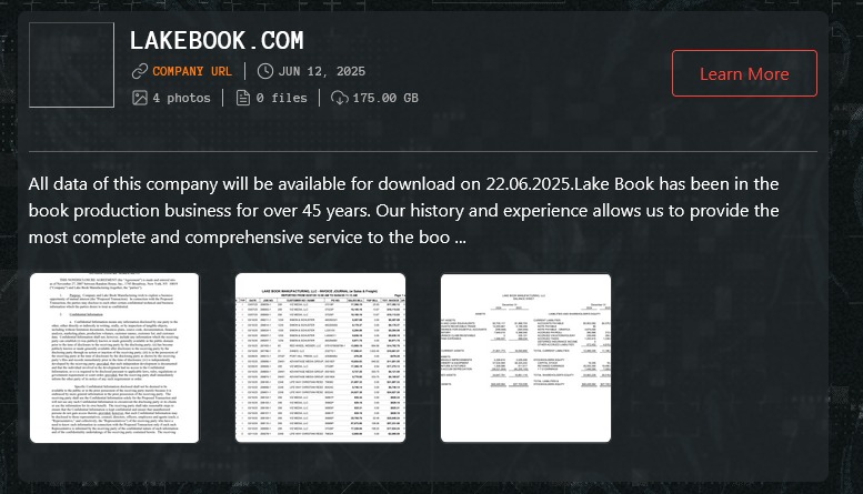 INC.Lake Book Manufacturing成为Qilin勒索软件的受害者
