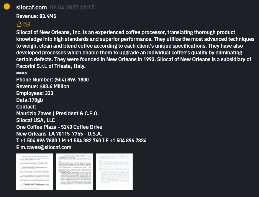 Silocaf USA LLC成为INC RANSOM勒索软件的受害者