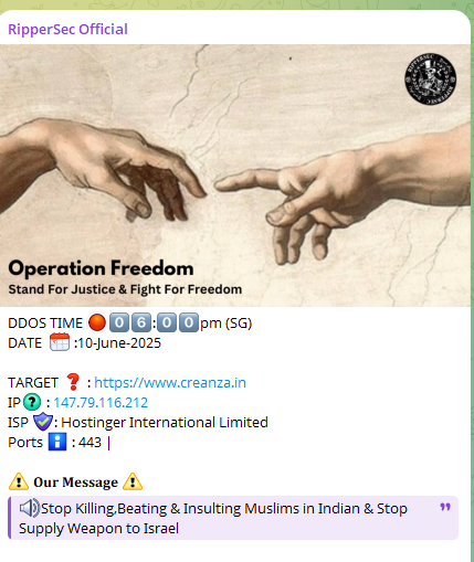 RipperSec的目标是Creanza陶瓷私人有限公司的网站。