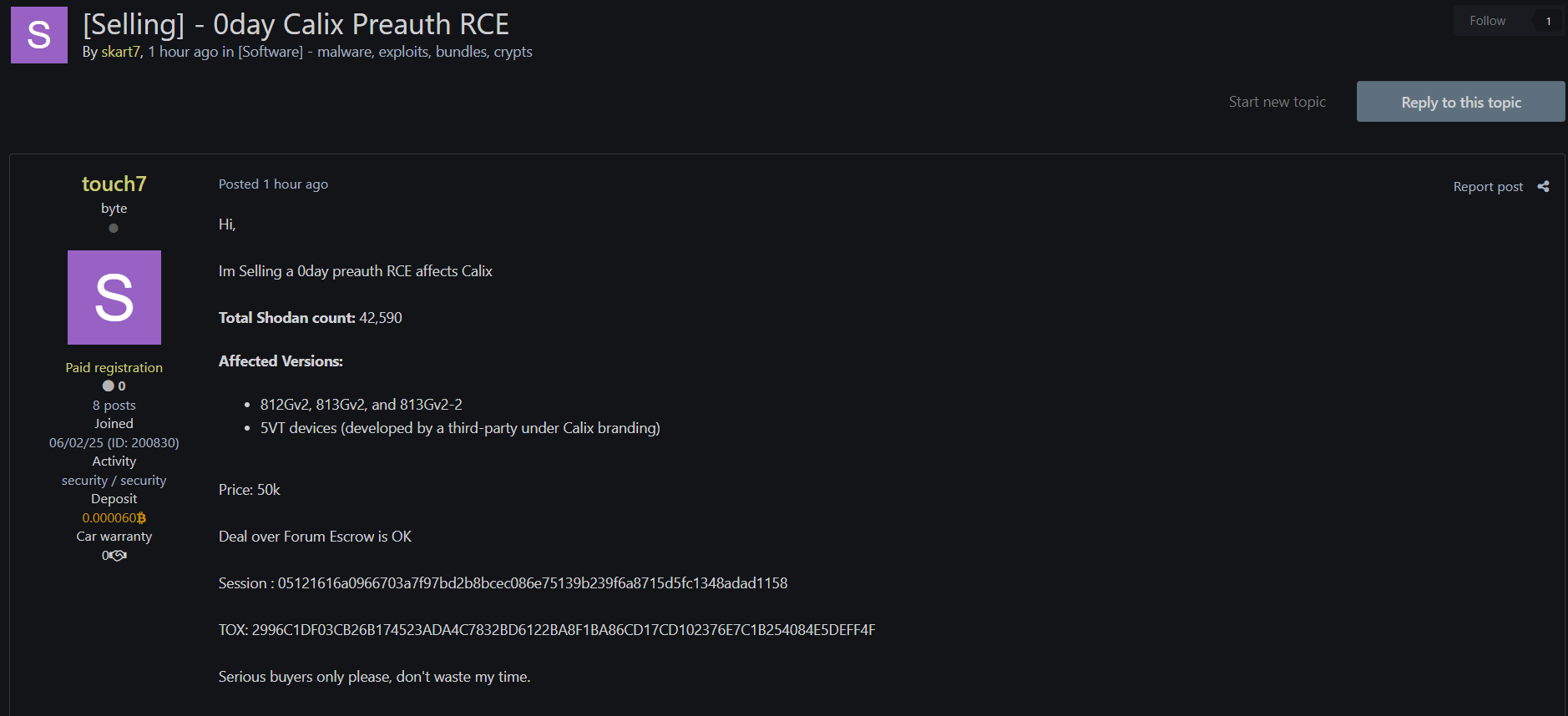 涉嫌销售0day preauth RCE漏洞影响Calix