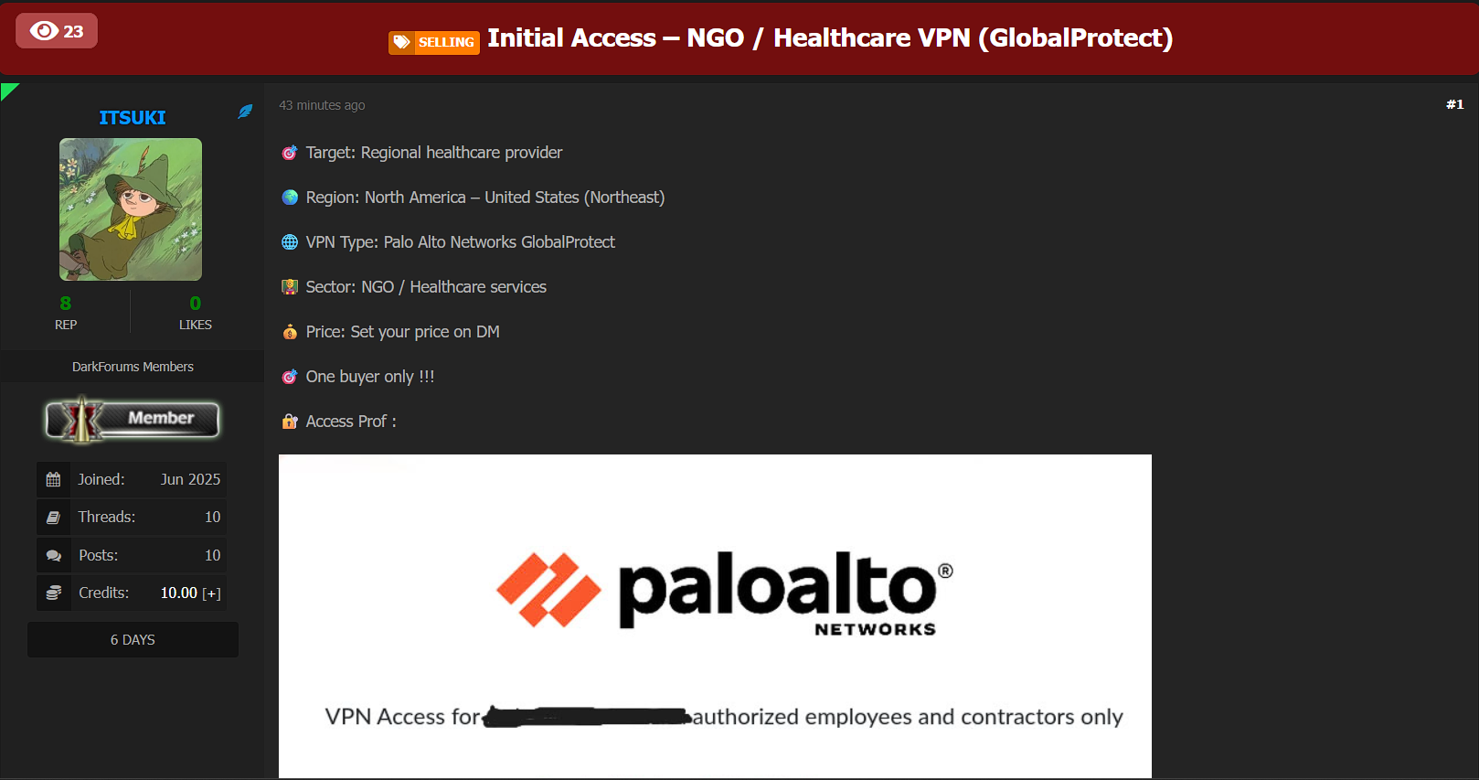 涉嫌向北美一家身份不明的医疗保健提供商出售GlobalProtect VPN访问权限