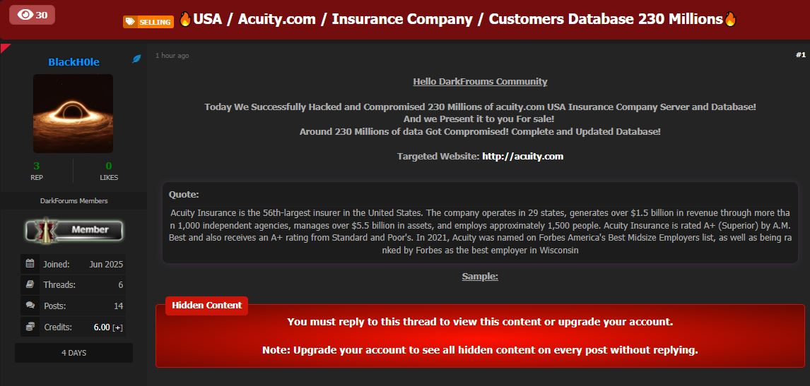 Acuity Insurance涉嫌数据外泄