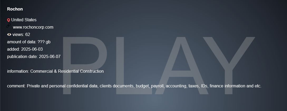 Rochon公司成为PLAY勒索软件的受害者