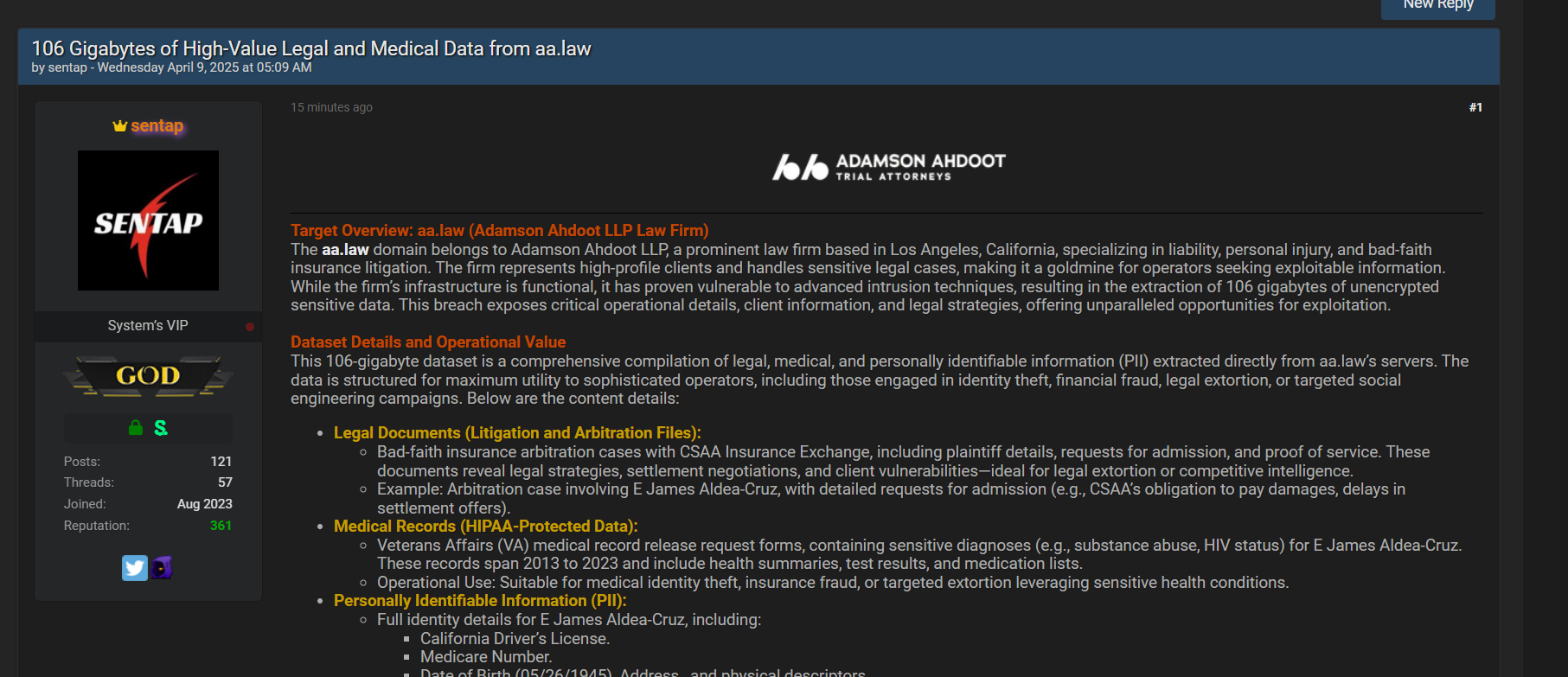 Adamson Ahdoot LLP涉嫌数据外泄