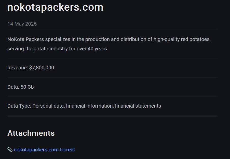 NoKota Packers Inc.成为J group勒索软件的受害者