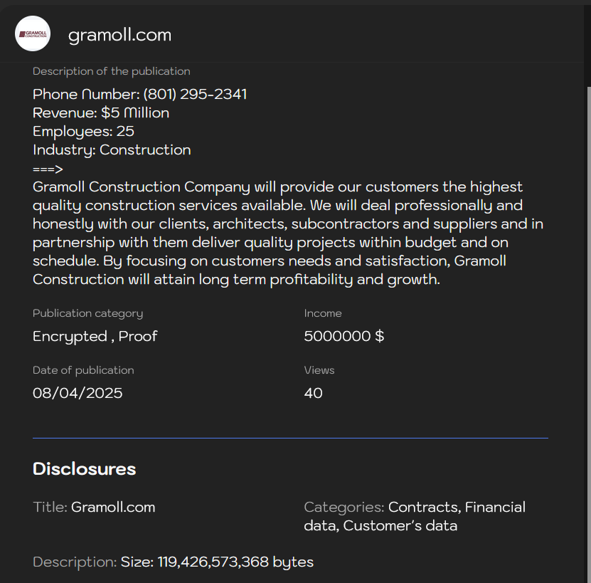 Gramoll Construction成为LYNX勒索软件的受害者