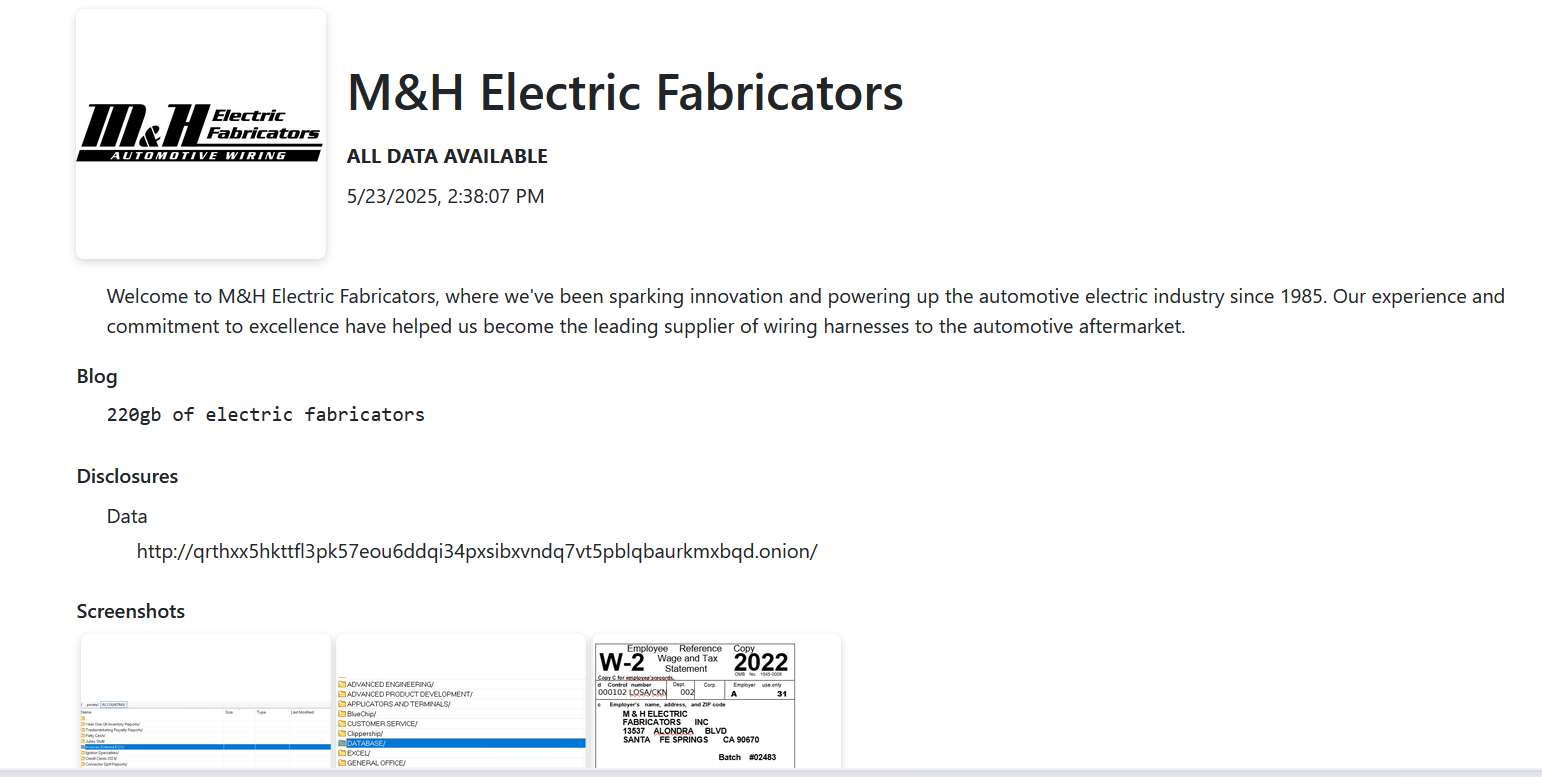 M&H Electric Fabricators成为EMBARGO勒索软件的受害者