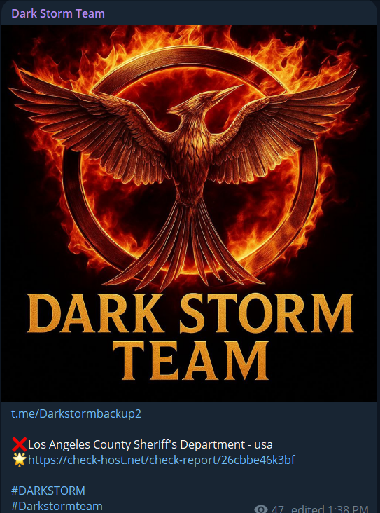 Dark Storm Team针对洛杉矶县Sheriff部门(LASD)的网站