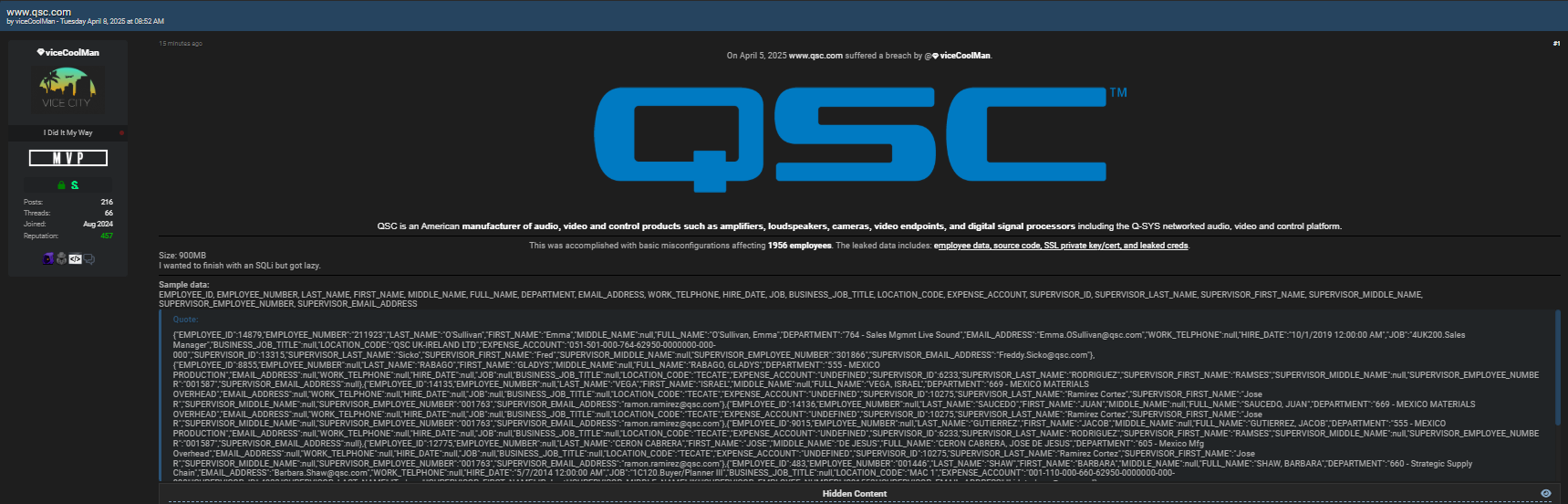QSC涉嫌数据库泄露
