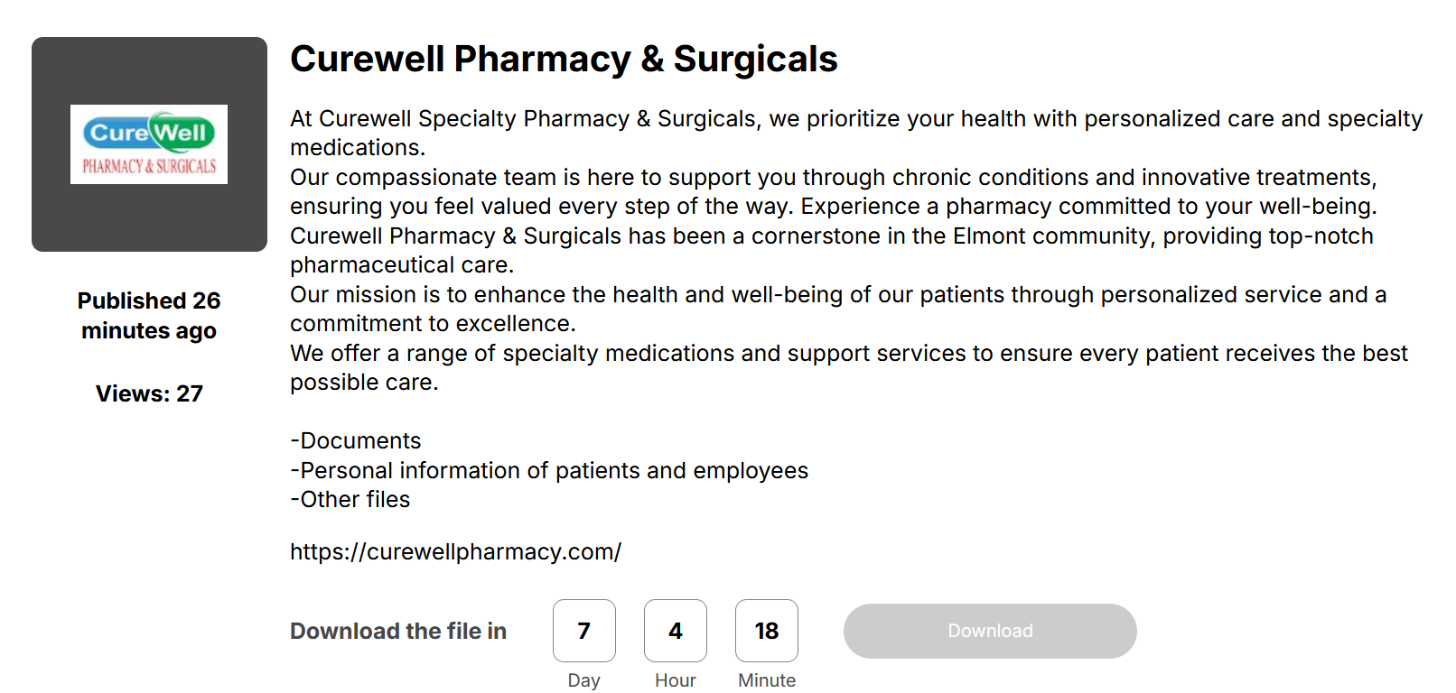 CureWell Pharmacy&Surgicals成为Space Bears勒索软件的受害者