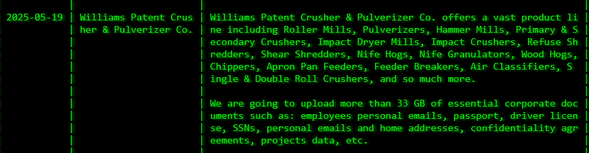 Williams Patent Crusher&Pulverizer Company成为Akira勒索软件的受害者