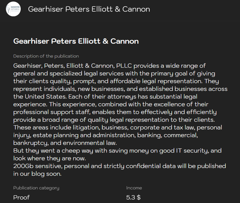 Gearhiser、Peters、Elliott&Cannon、PLLC成为LYNX勒索软件的受害者