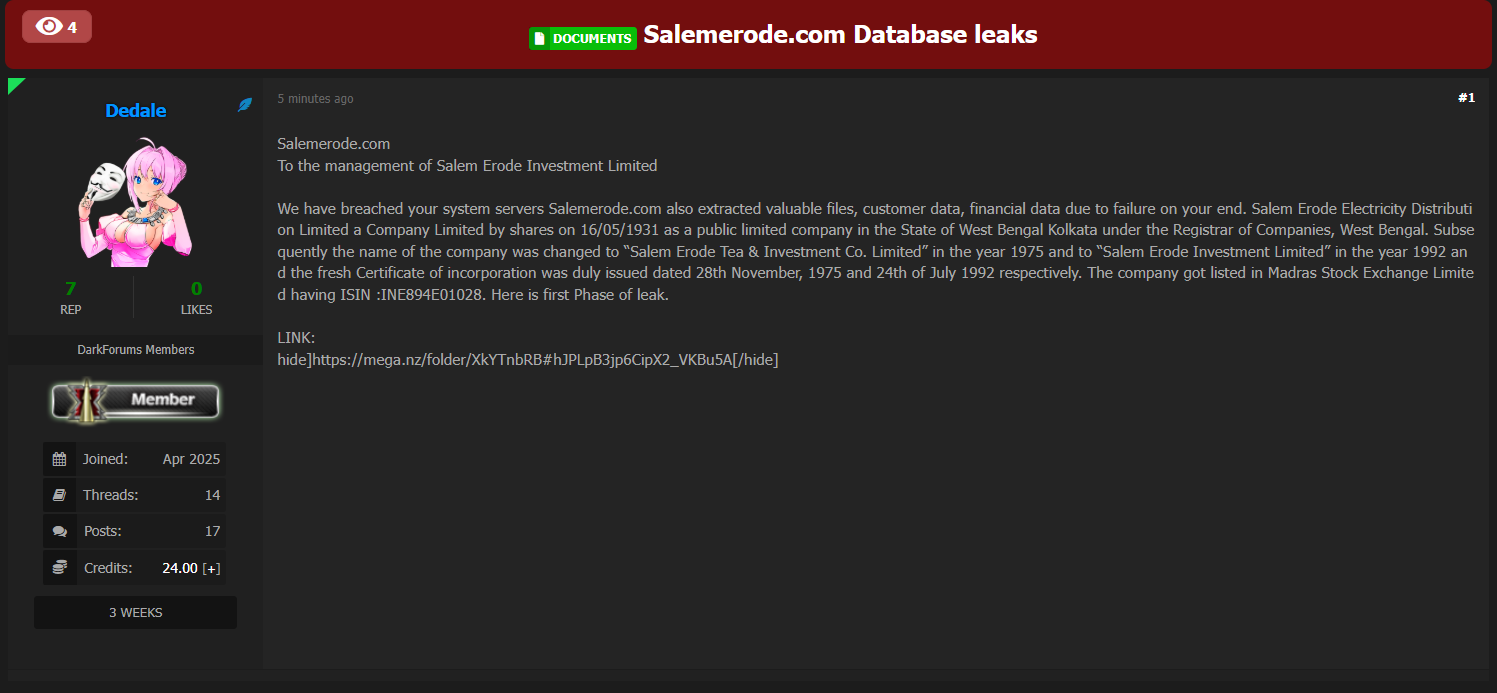 Salemerode投资有限公司涉嫌数据外泄。