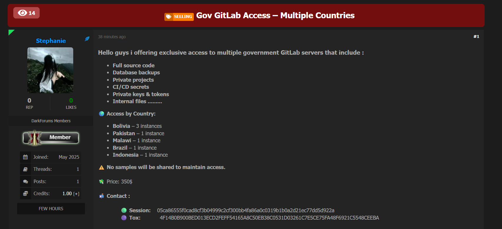 涉嫌出售未经授权访问多个政府GitLab servers