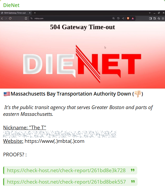 DieNet瞄准马萨诸塞湾交通局网站