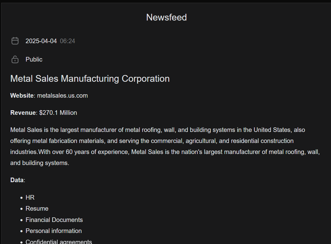 Metal Sales Manufacturing Corporation成为MORPHEUS勒索软件的受害者