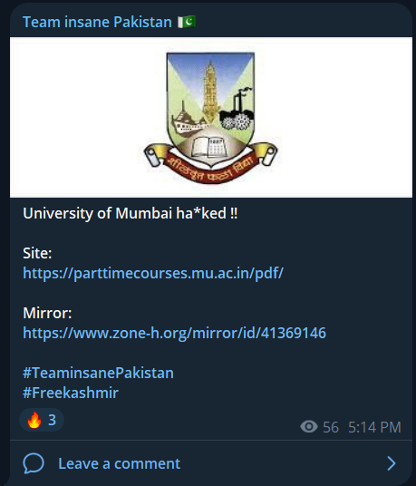 Team insane Pakistan瞄准孟买大学网站