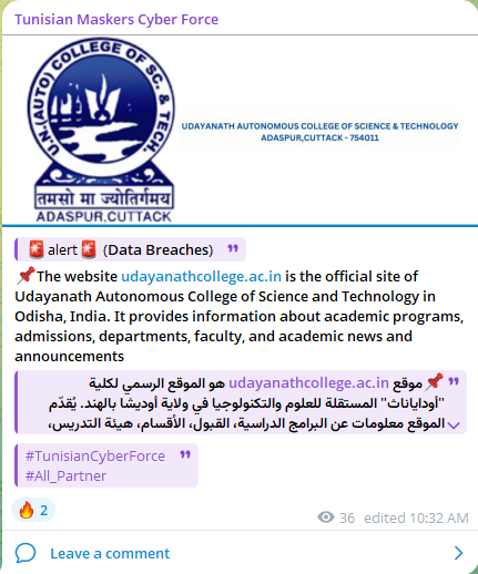 突尼斯蒙面Cyber部队袭击乌达亚纳特自治科技学院网站