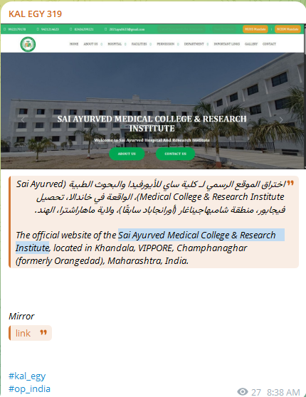 Kal Egy 319针对Sai Ayurved医学院和研究所网站